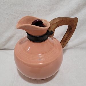 Vtg Franciscan Pottery California Montecito Coral Wood Handled Pitcher Carafe